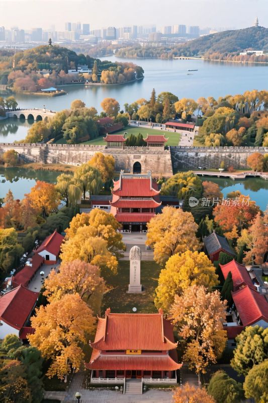 古建湖泊秋景景观