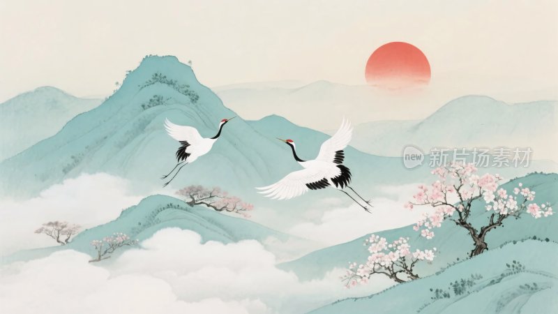 山水间双鹤伴红日飞翔图景