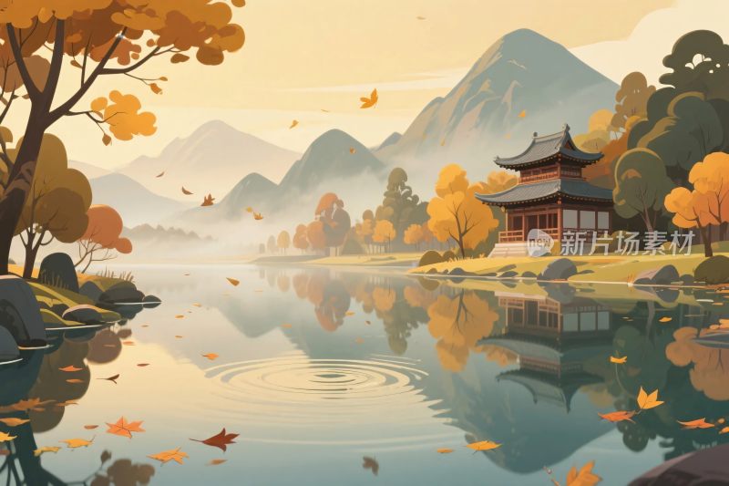 山水古建风景插画