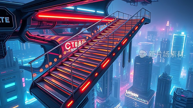 未来城市夜景中的悬浮楼梯