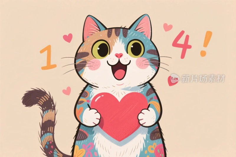 卡通猫咪抱爱心插画