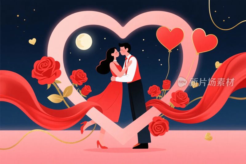 爱心旁情侣浪漫插画