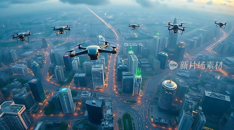 无人机编队飞越繁华都市夜景