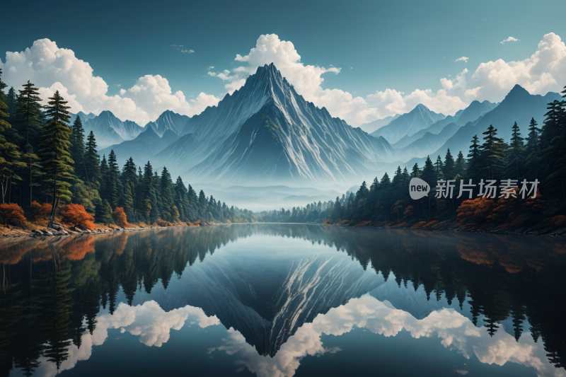 山和树倒映在前景的湖泊中高清风景插画图片