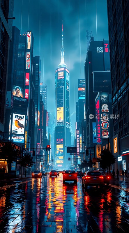 霓虹灯下的都市雨夜