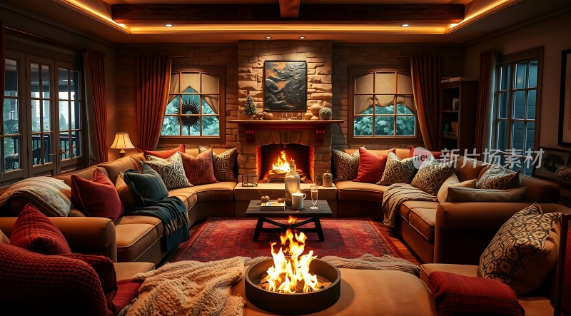 温馨壁炉客厅舒适沙发环绕温暖氛围营造家庭和谐