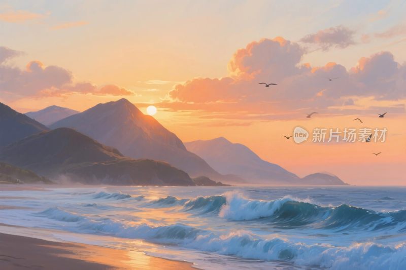 海边日落风景插画