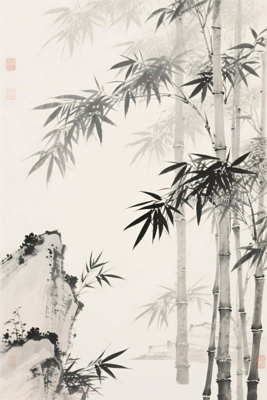 水墨竹子山石画