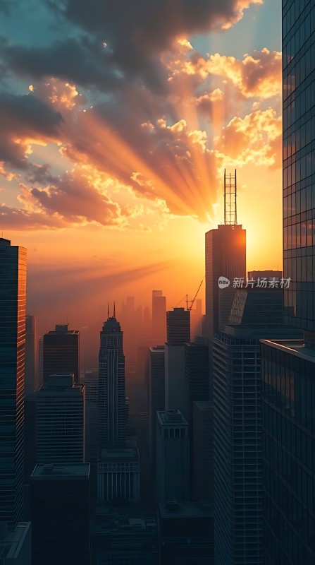 城市日出阳光洒满摩天大楼