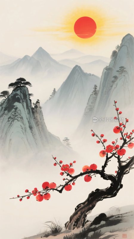 红梅映日山水国画