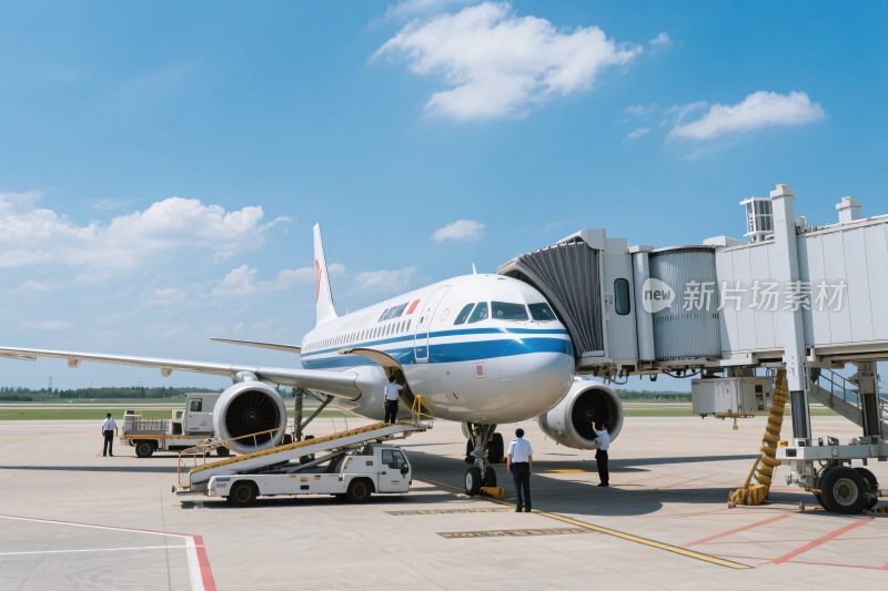 机场停机坪的飞机及地勤作业