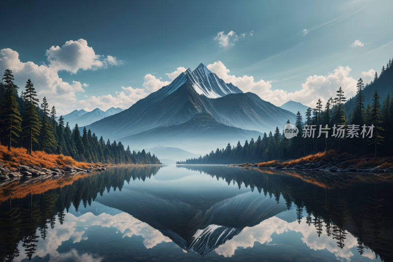 山倒映在树木和岩石的湖中高清风景插画图片