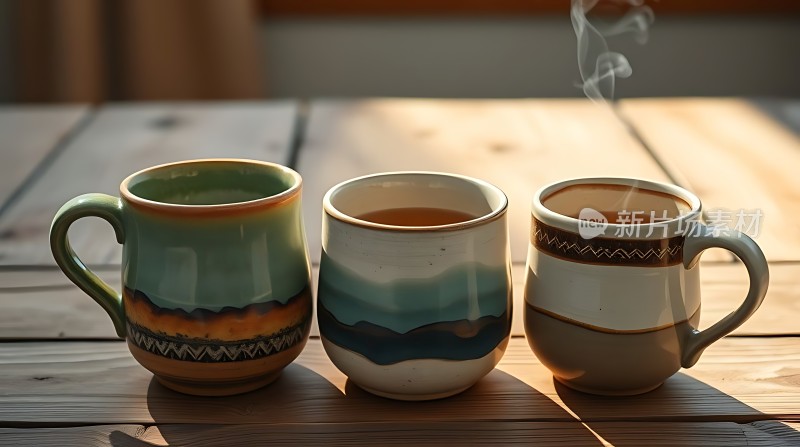 三杯热饮阳光下的温馨时刻