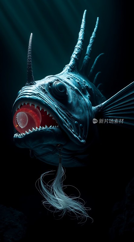 深海怪鱼巨大嘴巴与锋利牙齿