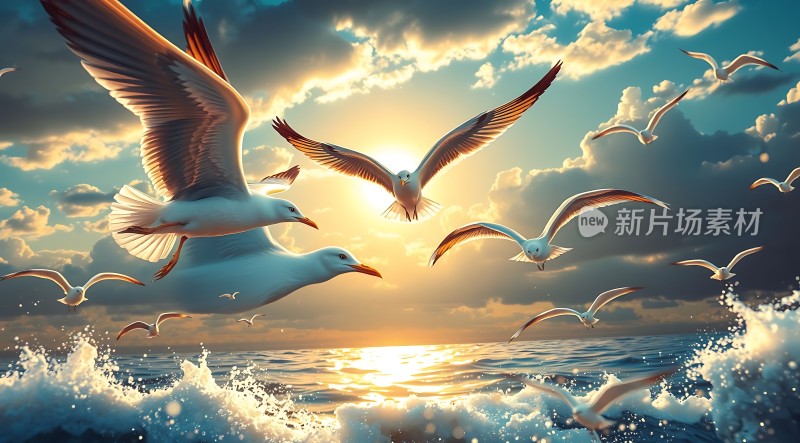 海鸥翱翔日落时分的海洋