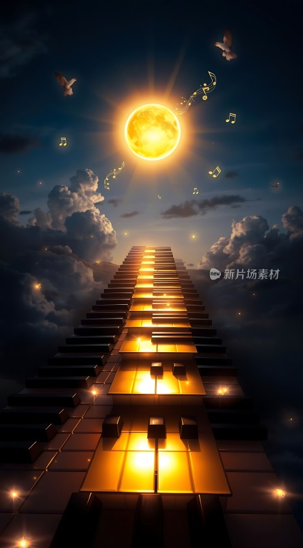 钢琴键之路通向光芒四射的太阳