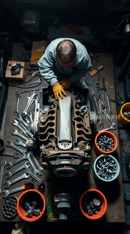 机械师专注检修发动机工具与零件环绕四周