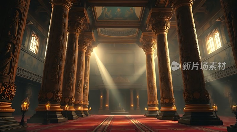 金色柱廊光影交错红毯铺地神秘宫殿