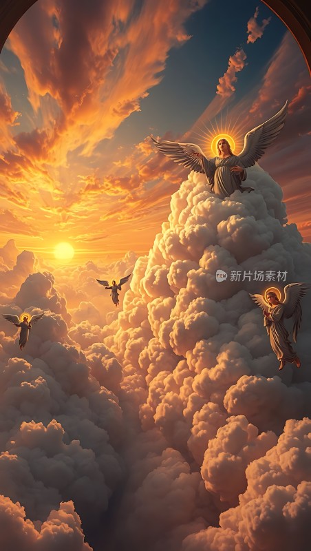 天使在云端夕阳映照下的宁静与神圣