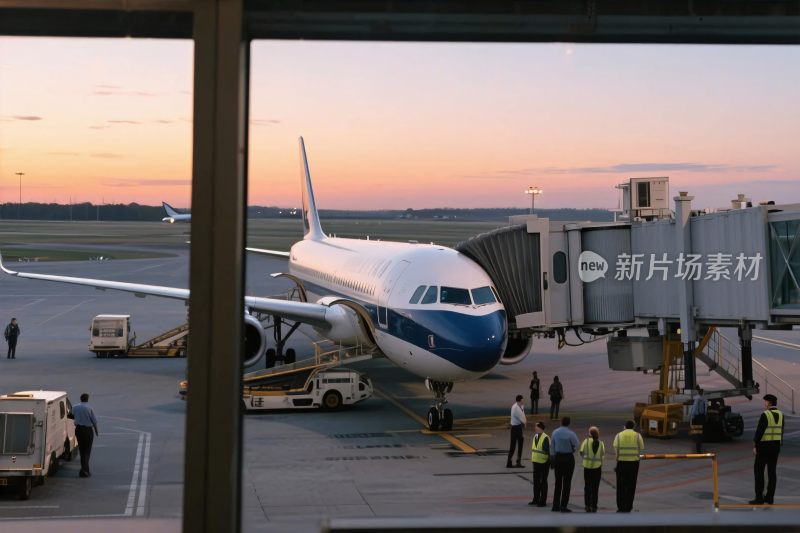 机场停机坪的飞机与工作人员