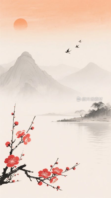水墨山水间红梅映日图景