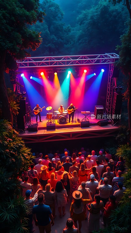 舞台灯光下的乐队演出观众热情高涨