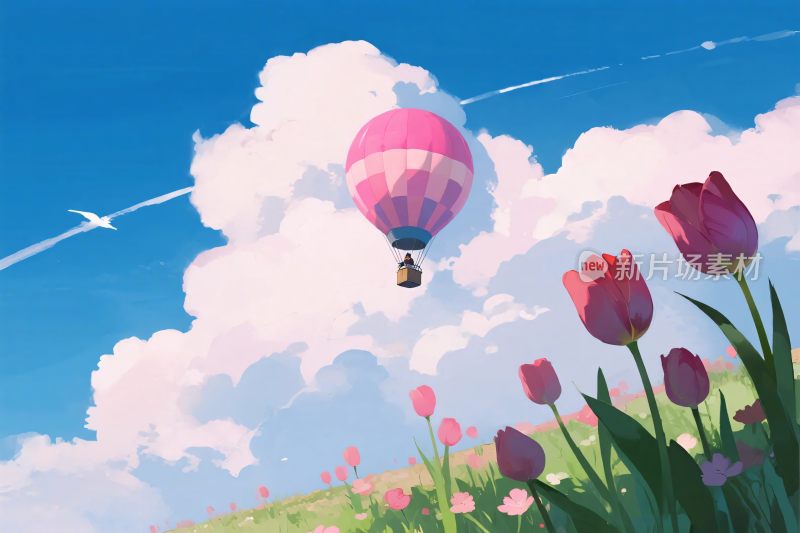 蓝天热气球与花草插画