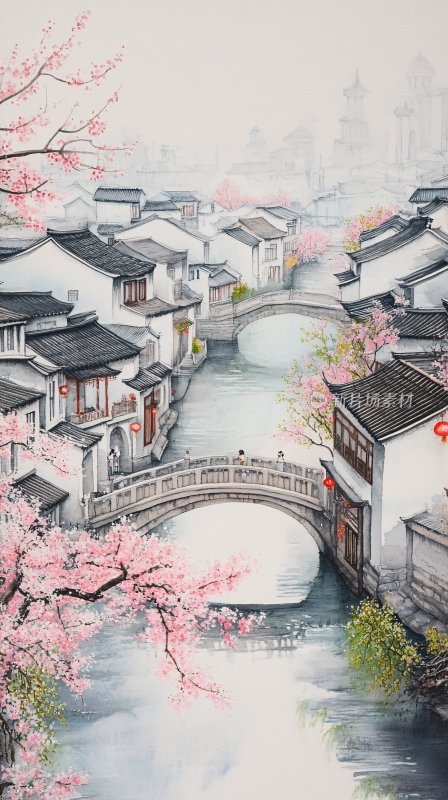 江南水乡樱花烂漫图景