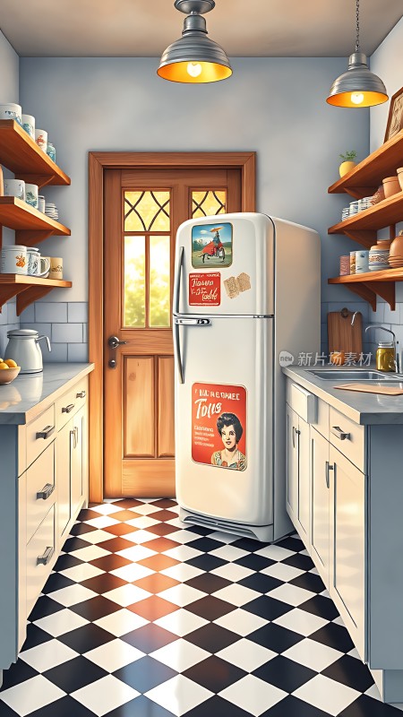 复古厨房黑白格子地板与白色冰箱相映成趣