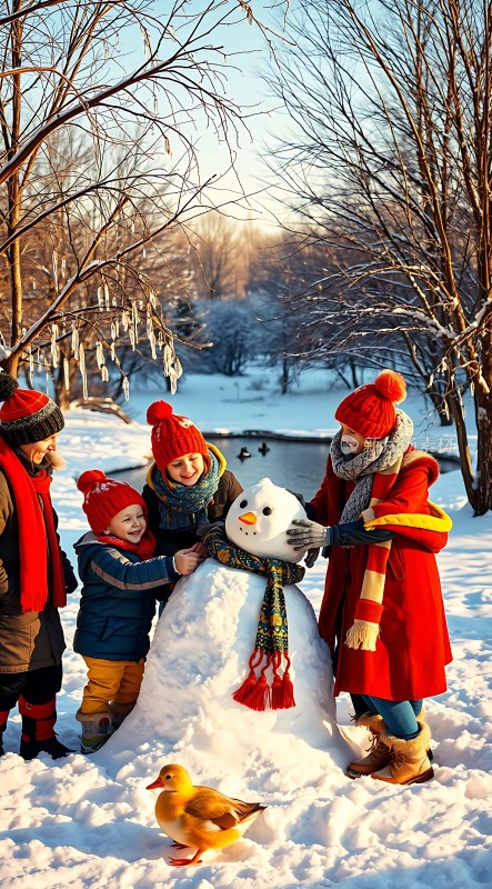 冬日家庭雪人乐趣时光