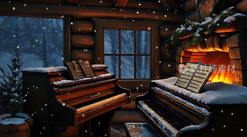 雪夜温馨小屋里的钢琴与壁炉