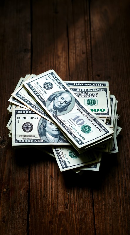 百元美钞堆叠展现财富与价值