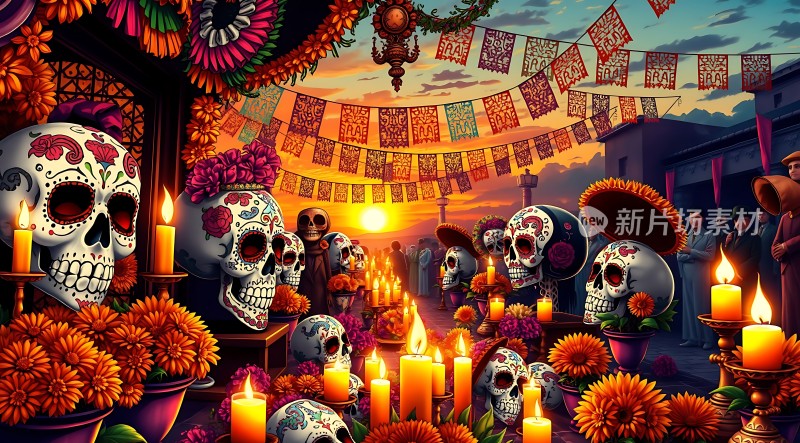 亡灵节祭坛蜡烛与骷髅共舞