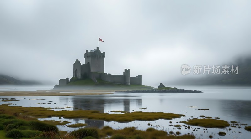 湖畔古堡雾霭环绕神秘而宁静