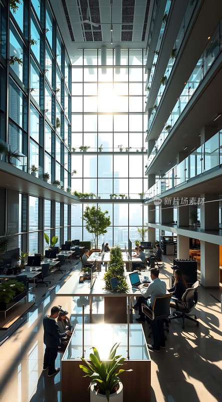 阳光洒满现代办公空间绿意盎然高效工作环境