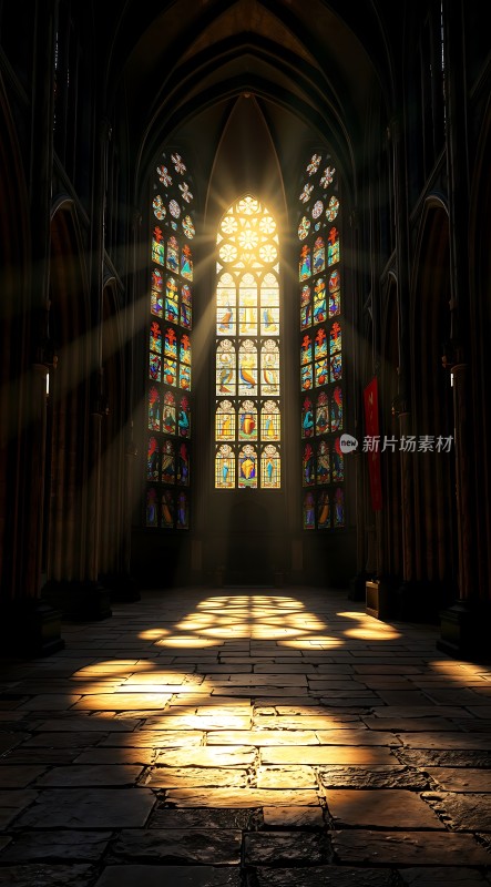阳光洒满教堂内部彩色玻璃窗透出神圣光芒