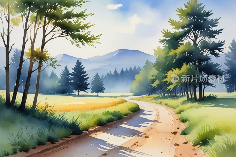 道路穿过田野的插图片