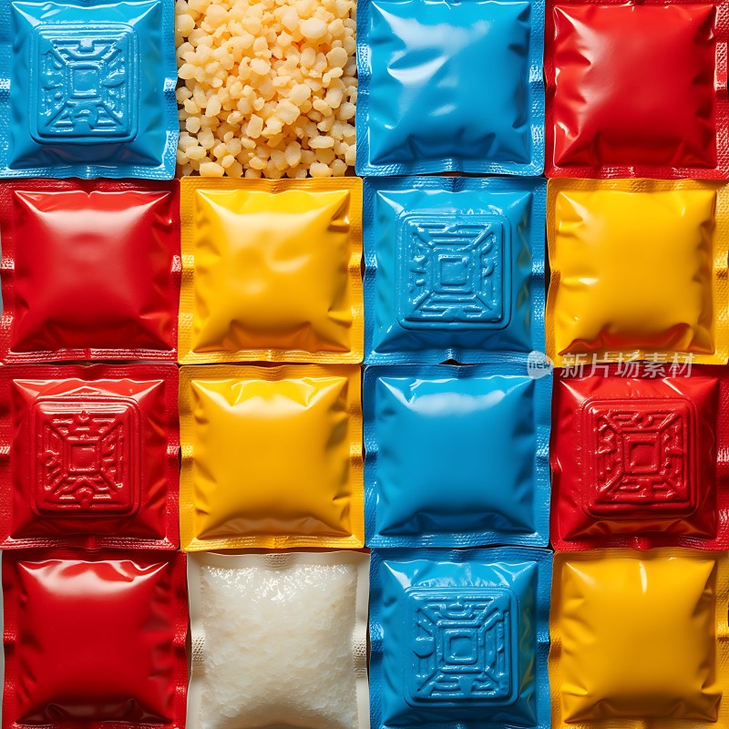 色彩缤纷的食品包装袋与谷物