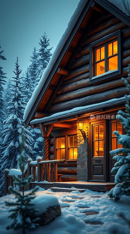 雪夜小木屋温馨灯光