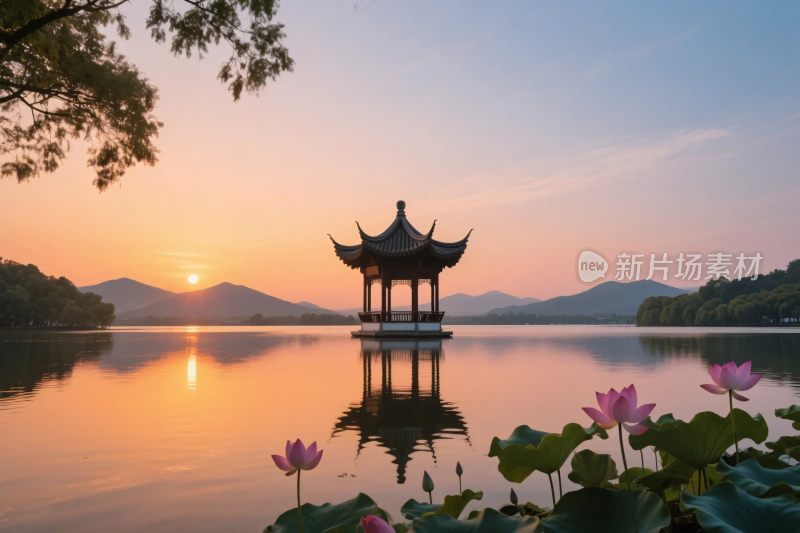 古亭荷塘夕阳风景