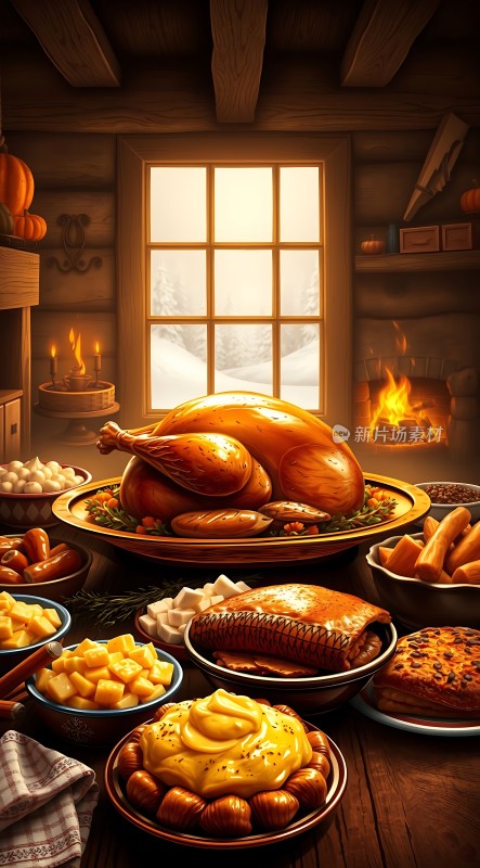温馨火炉旁丰盛感恩节大餐