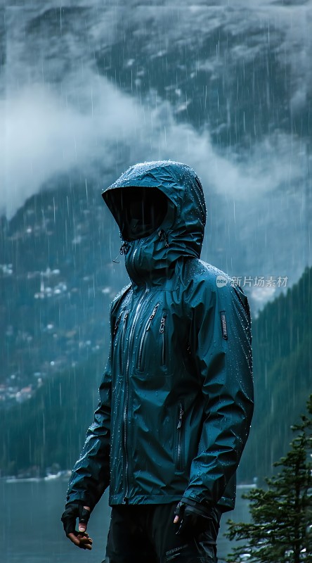 雨中孤影静谧山水间
