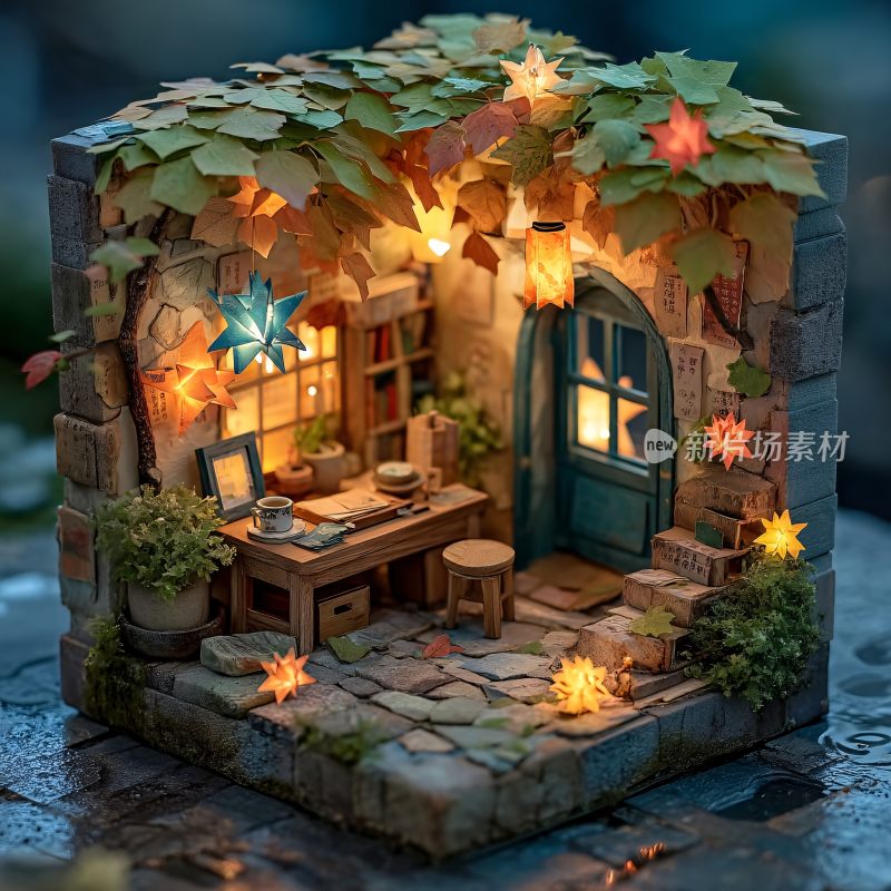 梦幻秋叶小屋微缩场景