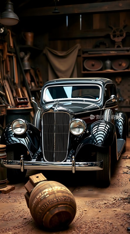 古董车库里的经典黑色轿车