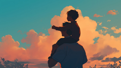 父亲节插画，夕阳下孩子骑在父亲的肩膀上