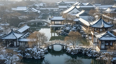 江南园林古建筑雪景冬季风光图片