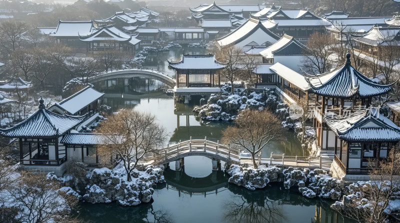 江南园林古建筑雪景冬季风光图片