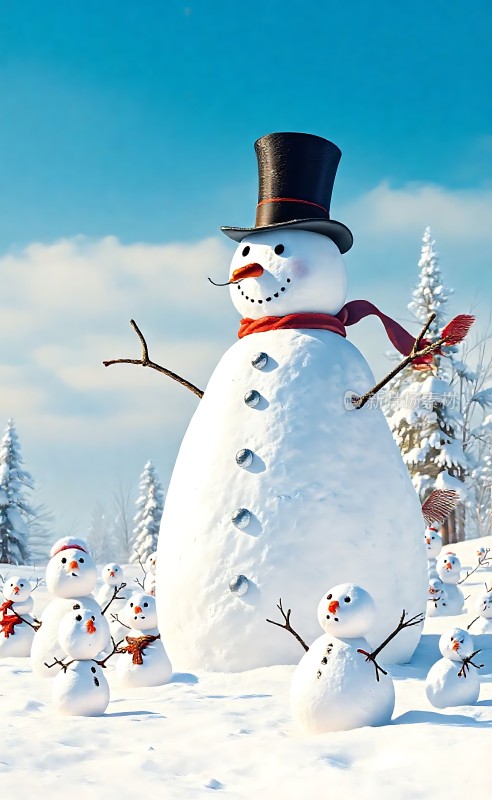 雪人家庭欢乐迎冬