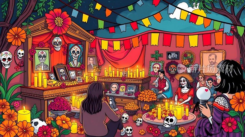 亡灵节祭坛骷髅与鲜花共舞