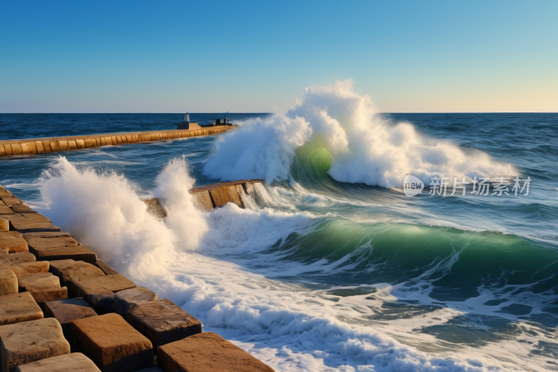 海浪拍打着海滩的防波堤灯塔高清风景图片